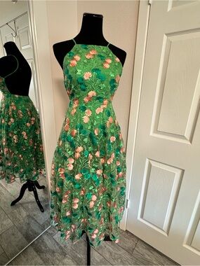 ASOS Green Floral Embroidered Midi Dress with Pink Accents